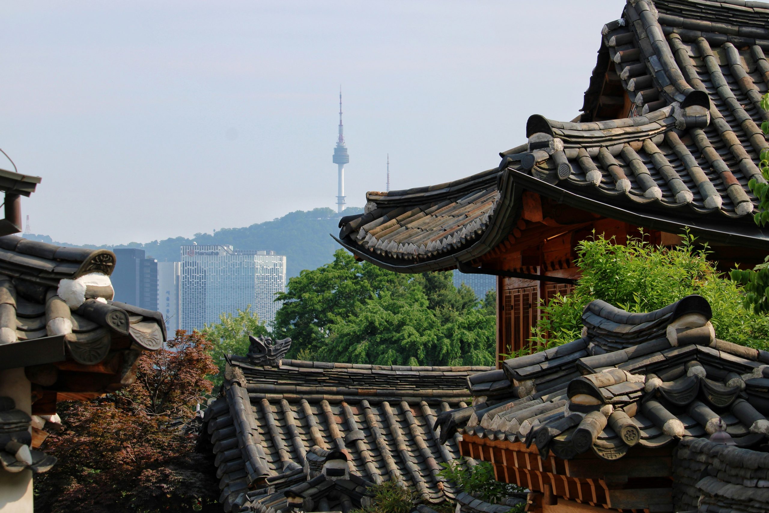 Traditional Korean hanok rooftops with N Seoul Tower in the background